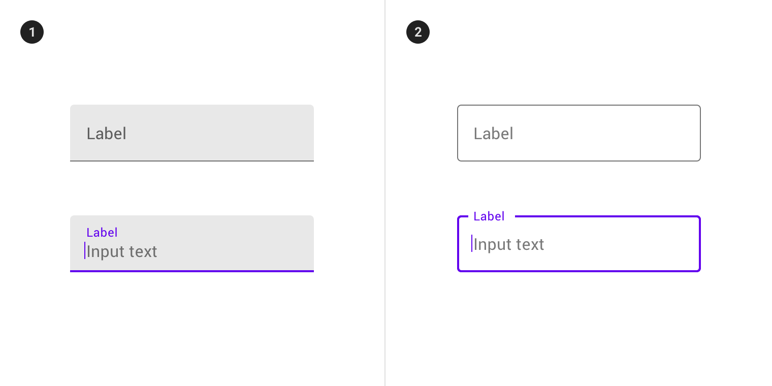 Text field examples of both filled and outlined types, and each type showing both inactive and focused states.